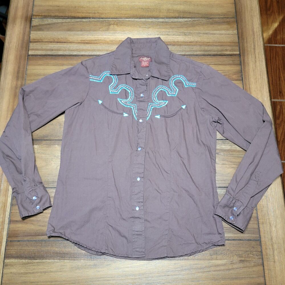 Life Style LS Pearl Snap Dark Brown Western Shirt w/Embroidery Decoration-Medium